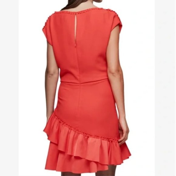 REISS Cecilia Frill-Detail Asymmetric Hem Dress Vermillion Sz 6-8 / M - Picture 5 of 15